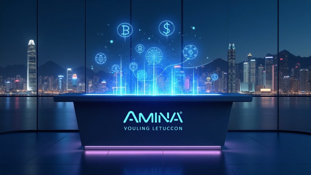 AMINA Bank secures Hong Kong license reporting 233% increase in crypto volume Work desk with AMINA branding, holographic crypto assets and Hong Kong skyline, illustrating regulated trading.