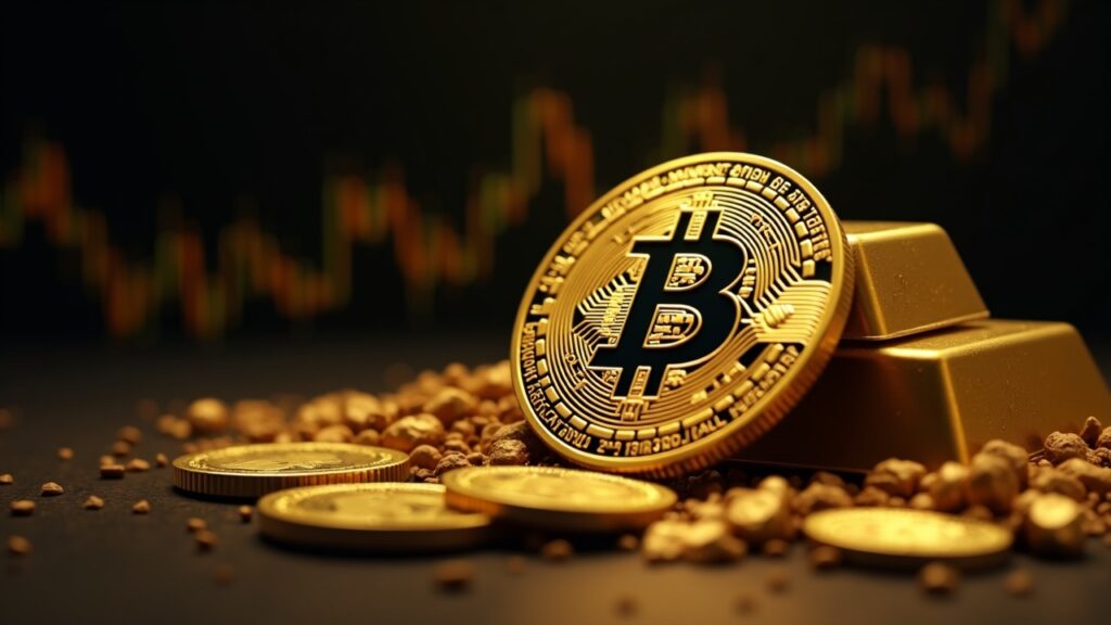 Bitcoin as digital gold with 1,5M label, upward chart and gold bars in the background.
