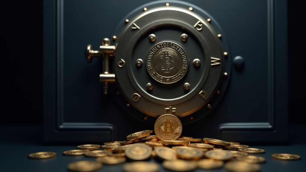 Basel chair calls urgent review of capital rules for banks’ crypto exposures Photorealistic bank vault with spilled crypto coins and the Basel Committee emblem, illustrating regulatory reform.