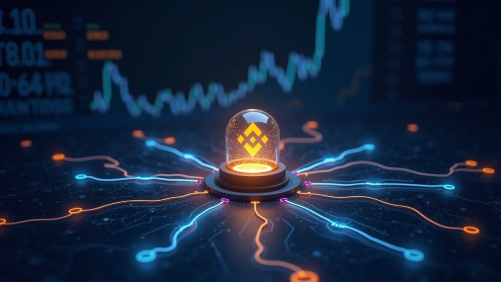 Realistic crypto header with Binance at the center, flows of USDT/USDC and a falling chart in the background