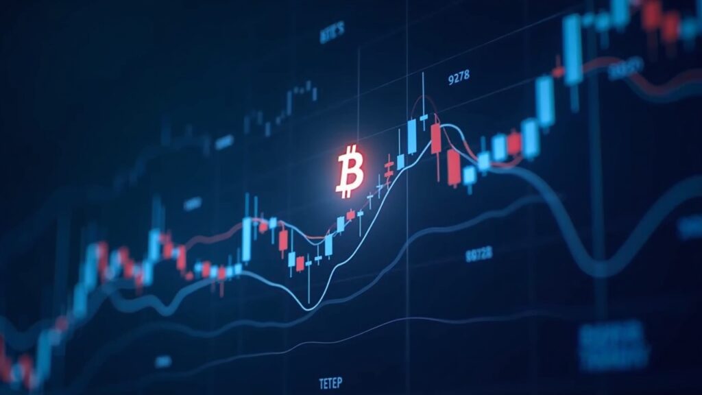 Photorealistic chart of Bitcoin surpassing 104k with a breakout line, institutional trading floor and ETF logos in blue tones.