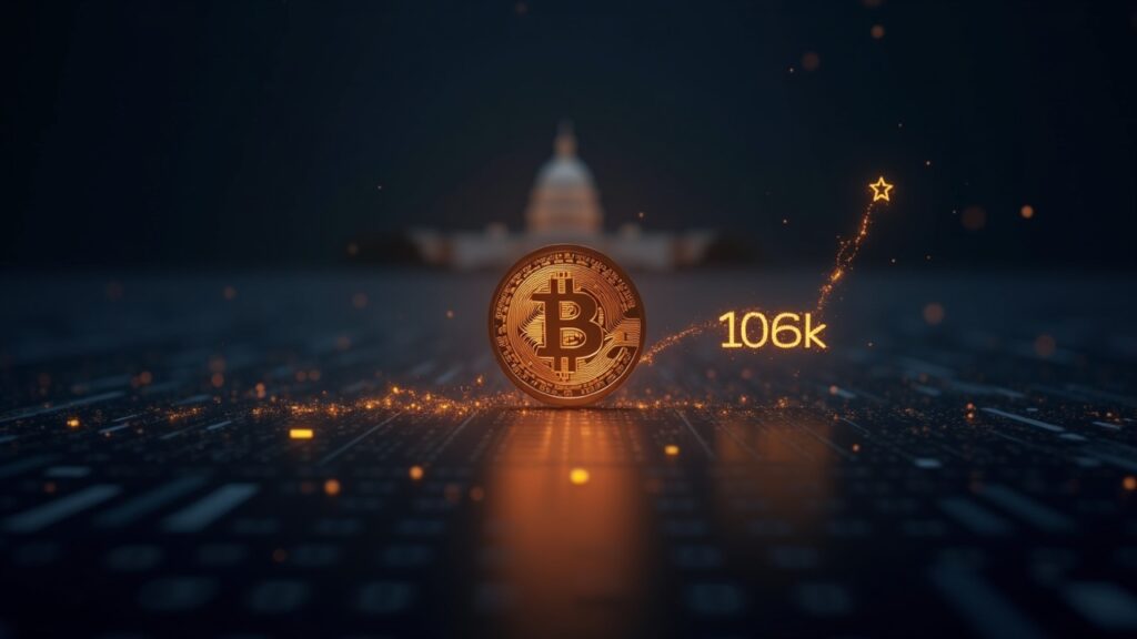 Bitcoin coin rises on a digital ticker toward 106k, with a faint Capitol silhouette and blockchain grid in the background