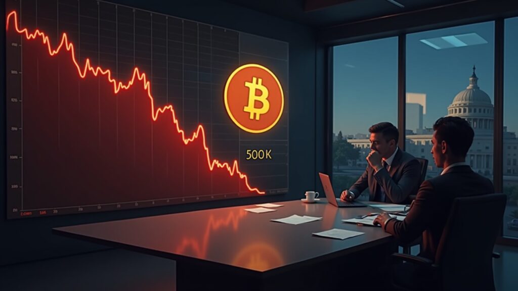 Bitcoin plunges below $100,000 as the bear market widens Photorealistic newsroom scene: Bitcoin logo, red chart below 100k and a bear in front of a Fed-style building.