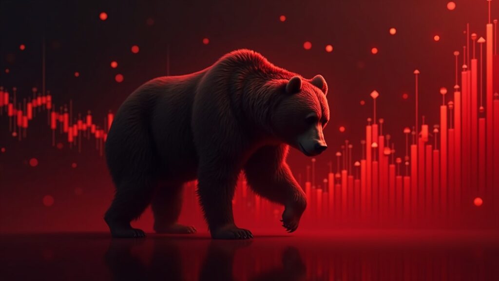 Bitcoin bears face greater danger after $300 billion sell-off and ETF outflows Photorealistic bear over a red Bitcoin chart with downward arrows and fear index, symbolizing a drop.