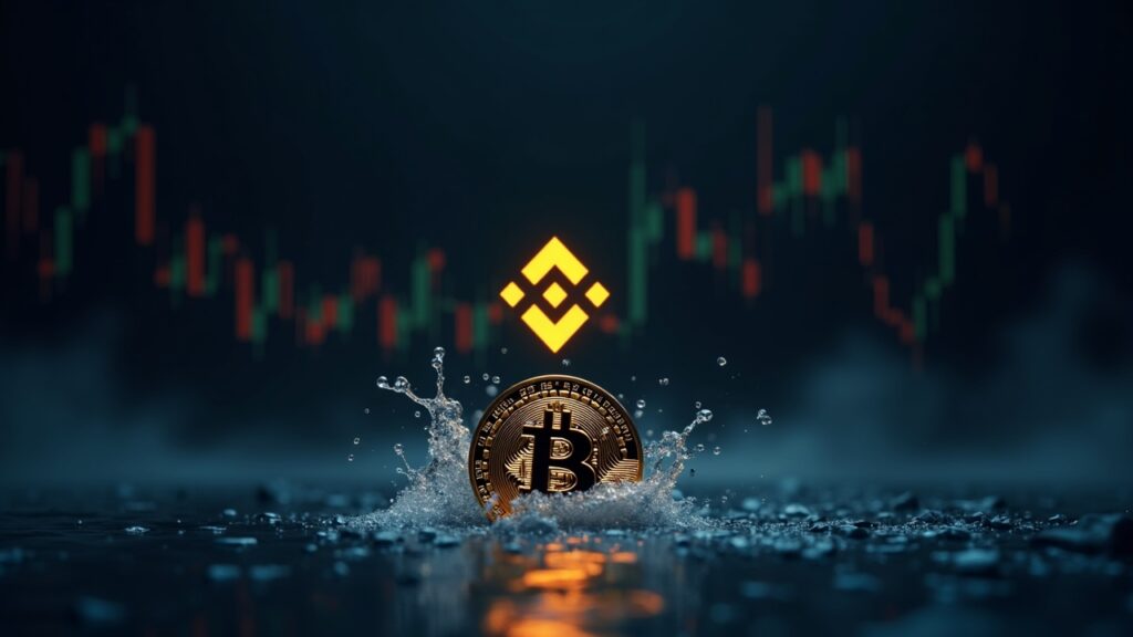 Futuristic scene of a Bitcoin coin pouring into a Binance logo against a dark market backdrop, signaling whale inflows and bearish pressure.