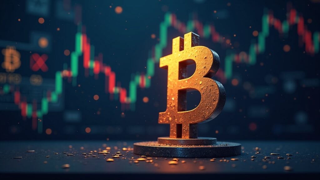 Photorealistic crypto newscast with Bitcoin, downward chart, Death Cross, rising DXY and decentralization banners.