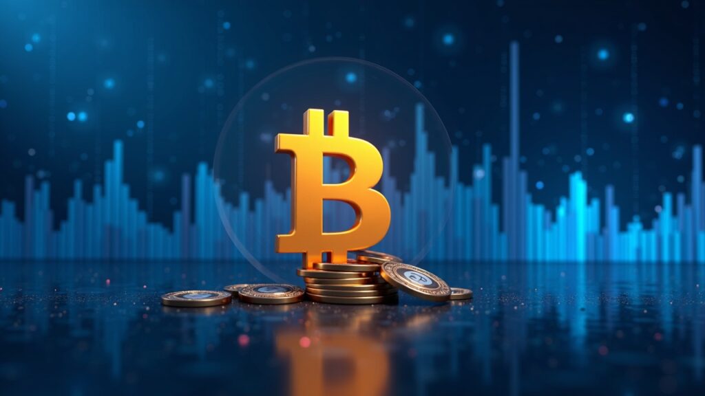 Header: photorealistic Bitcoin newsroom with centered BTC and max-pain charts; institutional traders in blue.