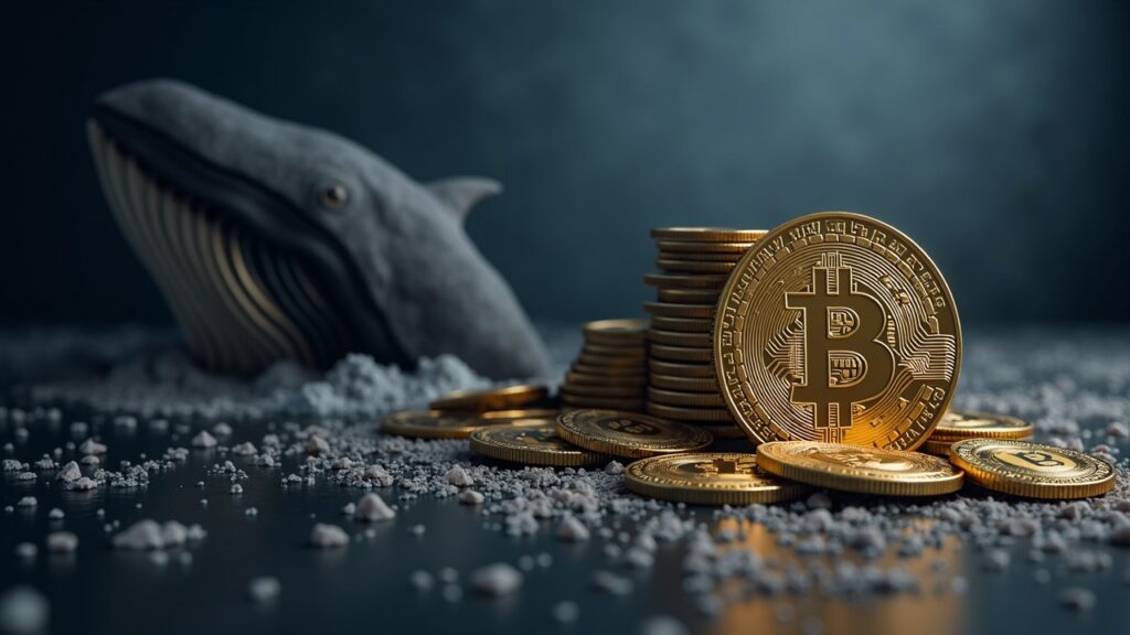 Bitcoin Whales Accumulate 1,384 Wallets Defying Massive Exit of Retail Investors Photorealistic: large Bitcoin wallet in the foreground and small wallets in the background, showing accumulation versus retail outflow.