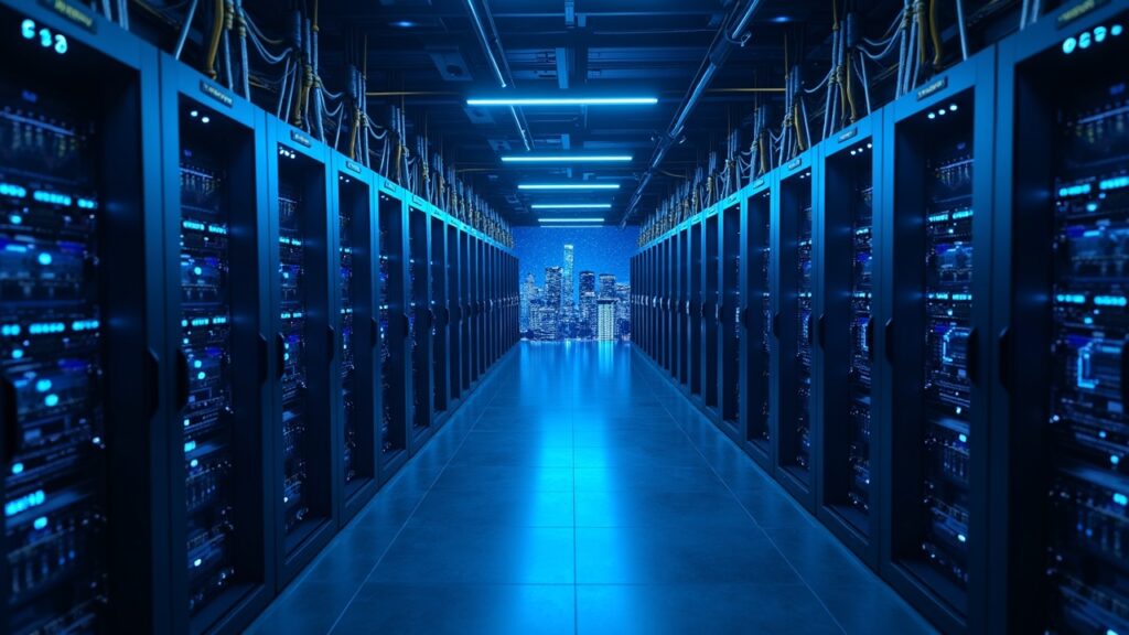 Bitfarms abandons Bitcoin mining after $46M loss and will pivot to AI Realistic data center with HPC racks for AI, liquid cooling, blue neon and Bitfarms branding, city in the background.