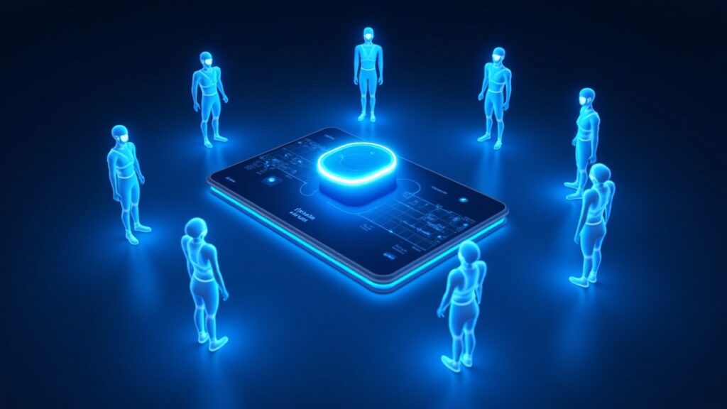 Seven glowing AI trading avatars surround a GetAgent engine on a crypto trading desk with live charts in blue.