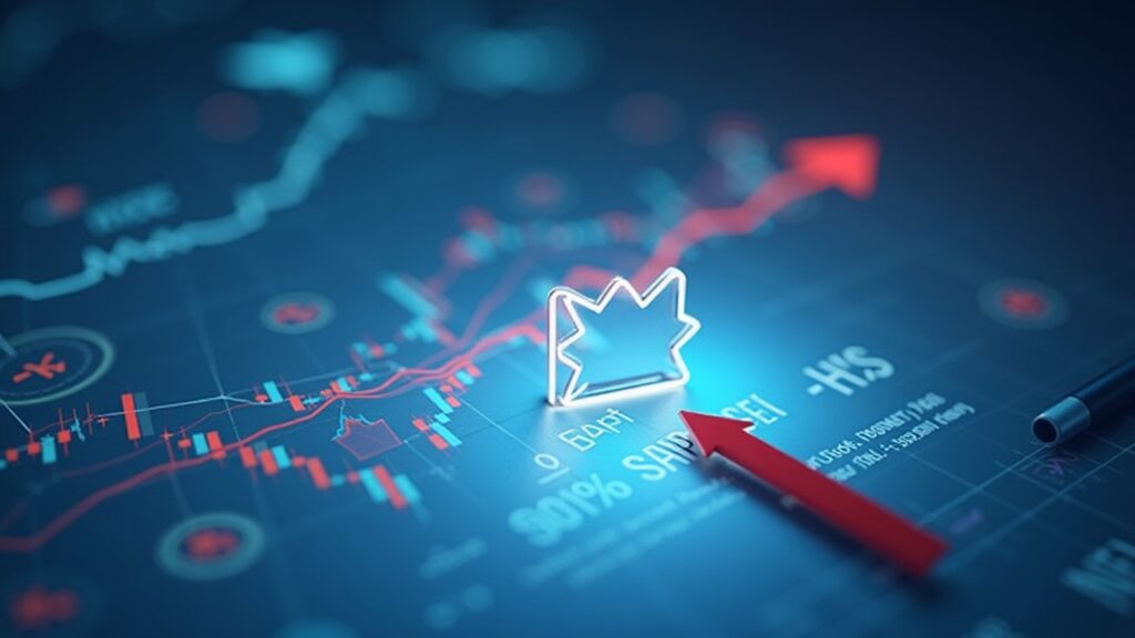 XRP symbol on a digital ETF certificate, surrounded by a market chart and red -5% arrow, with regulatory icons.