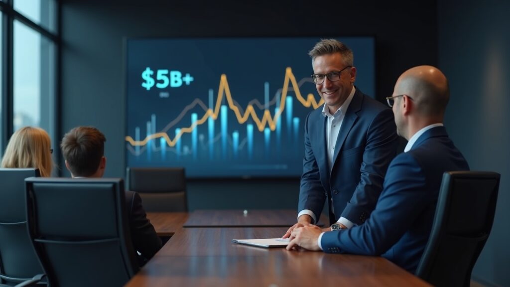 Executive in a boardroom in front of an upward chart and Bitcoin symbol, symbolizing Block's buyback.
