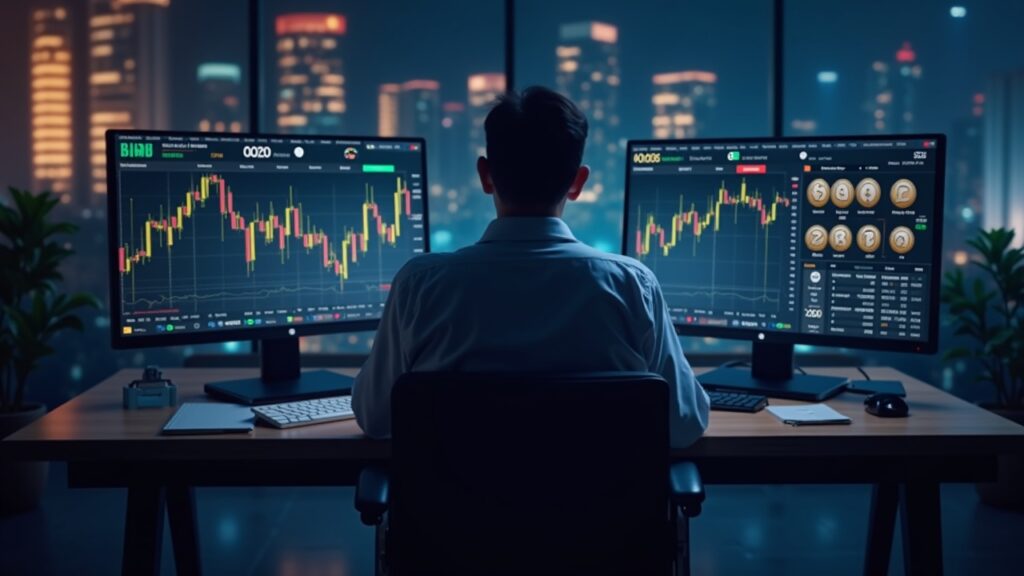 Cryptocurrency trader in front of two screens: BNB below 950 and privacy coin symbols.