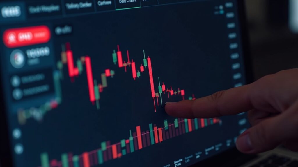 Trading desk with large screen: BNB below 1080 and support break, focus on the BNB symbol.