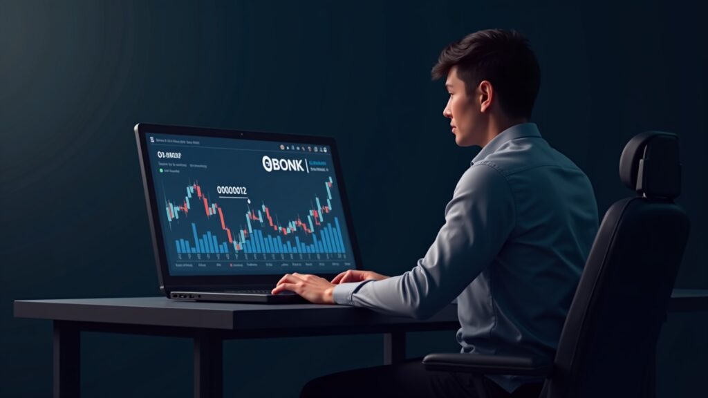 Photorealistic trader in front of a crypto chart with bullish movement and support line 0.000012, BONK branding.