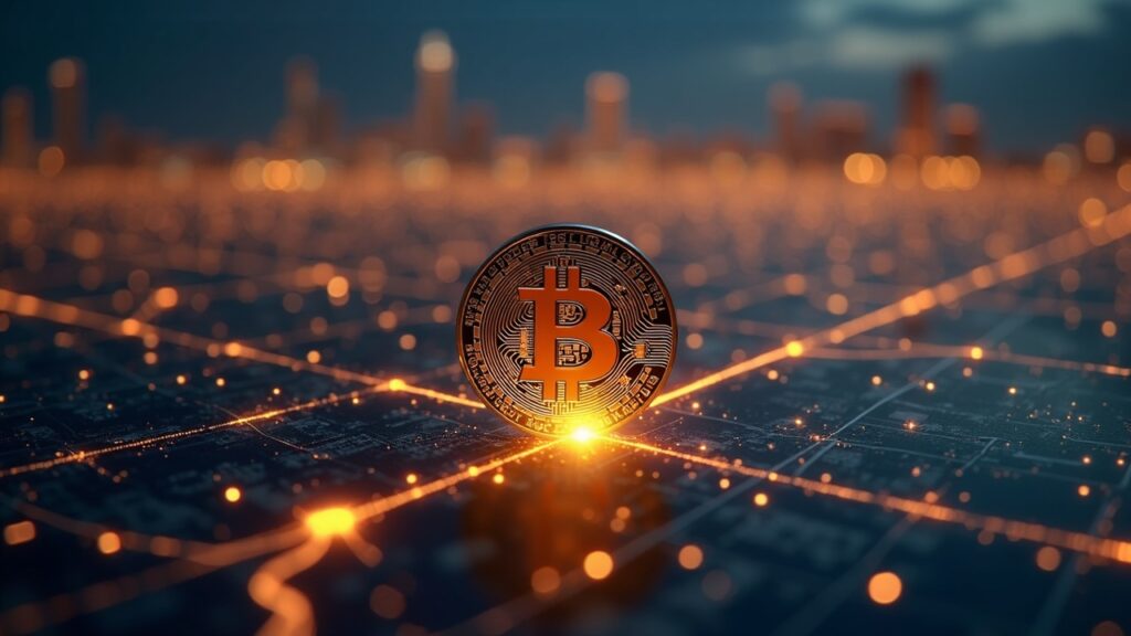 Standard Chartered: Bitcoin must hold the line for DeFi to overtake TradFi Photorealistic Bitcoin coin in the center, over a luminous DeFi network; bank towers in the background.