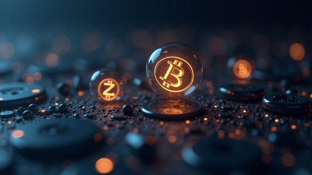 Photorealistic crypto news cover: BTC below 80k, OKB, Filecoin and Zcash show resilience in a modern setting.