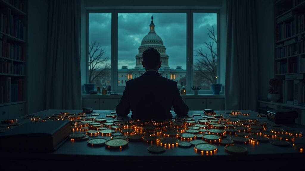 Capitol silhouette over a desk with crypto tokens and a shadowy figure symbolizing influence turning into wealth.