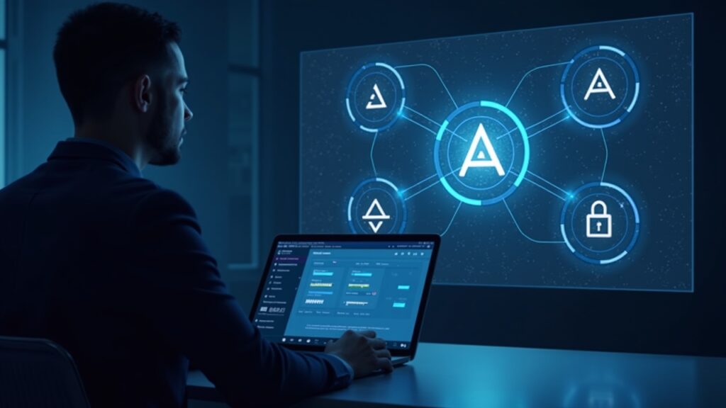 Photoreal Cardano governance: analyst monitors a holographic treasury dashboard as split-chain icon morphs into ADA logo.