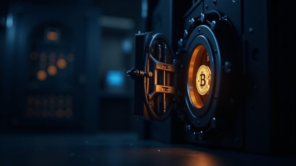 Showcase of the CNB vault with a glowing Bitcoin and digital reserves panel, illustrating a crypto pilot and custody.