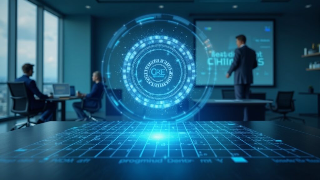 Chainlink launches CRE to fast-track institutional tokenization Institutional executive in a modern office, tokenized assets and Chainlink's CRE emblem over a blockchain grid.