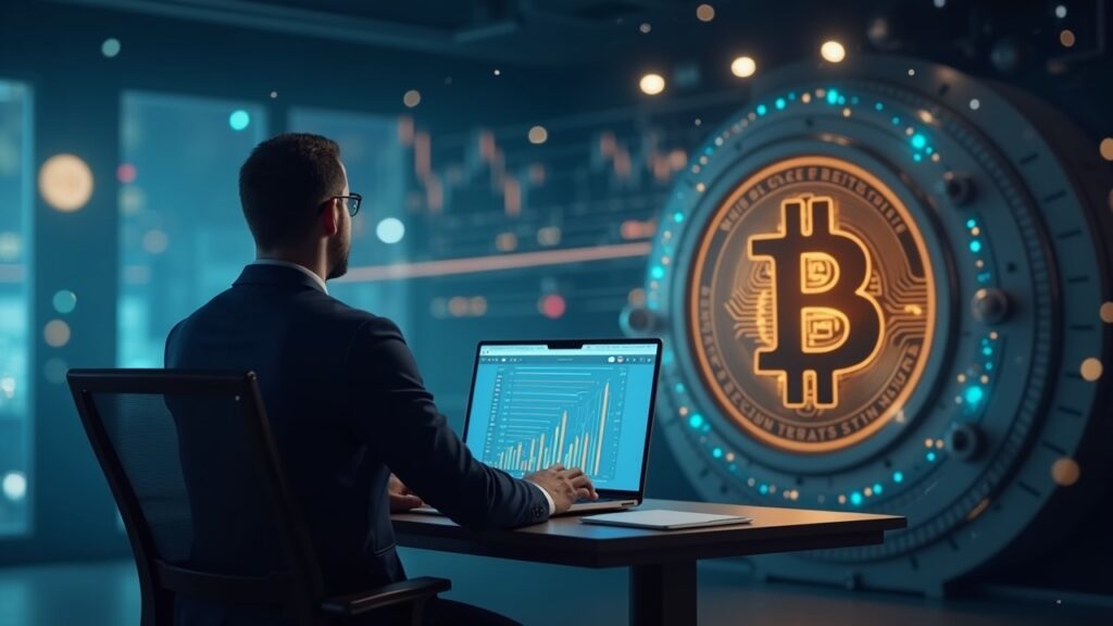 Corporate executive in front of Bitcoin charts and a vault, illustrating crypto-treasury accumulation during a market pullback.