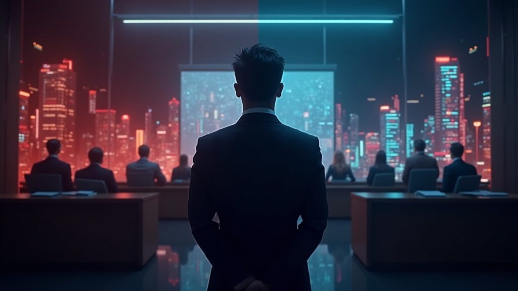 Central figure in a split scene: courtroom and neon crypto city with price charts, signaling cross-border regulation.