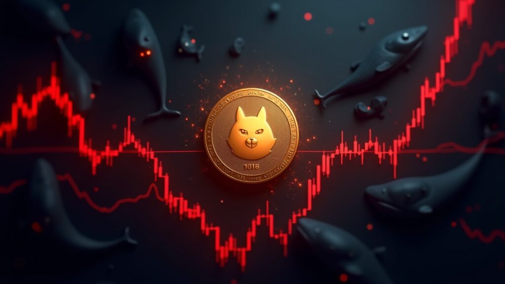 Dogecoin breaks $0.18 support after whales sell 440M tokens Dogecoin coin breaks through red 0.18 price line, with silhouette whales looming over a modern trading desk.