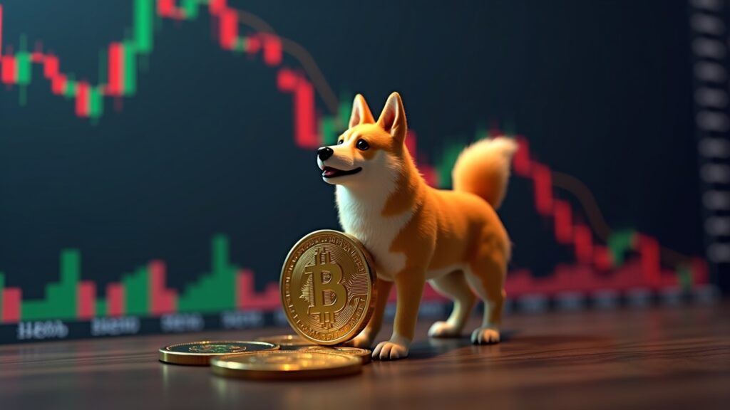 Dogecoin plummets 5% and falls to $0.16, breaking support due to heavy institutional selling Dogecoin in a modern trading room, with a falling chart that highlights a bearish lower-lows pattern.