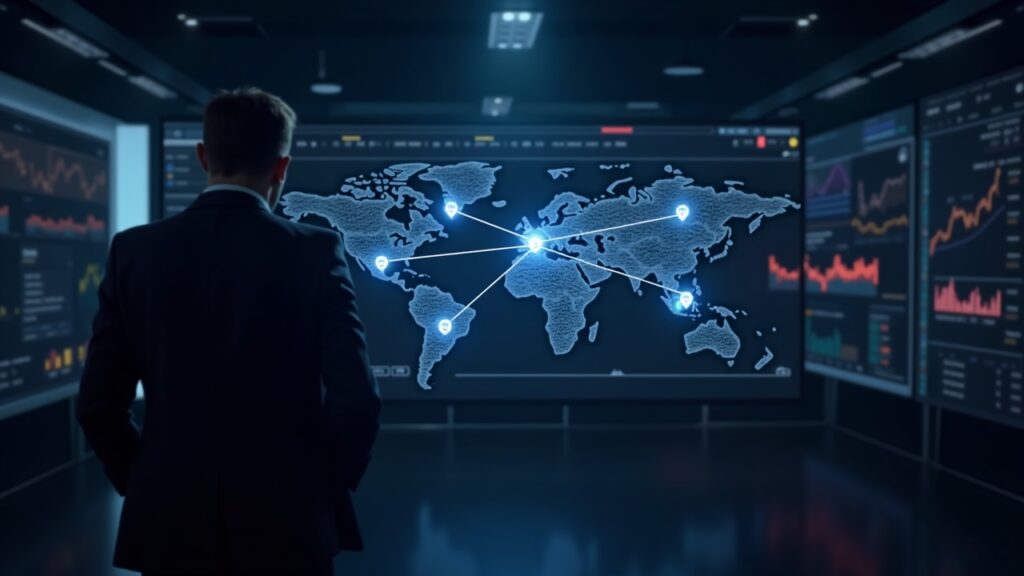 Executive in front of a map of cross‑chain networks (Ethereum, BNB, Solana, Base) and a dark pool dashboard.