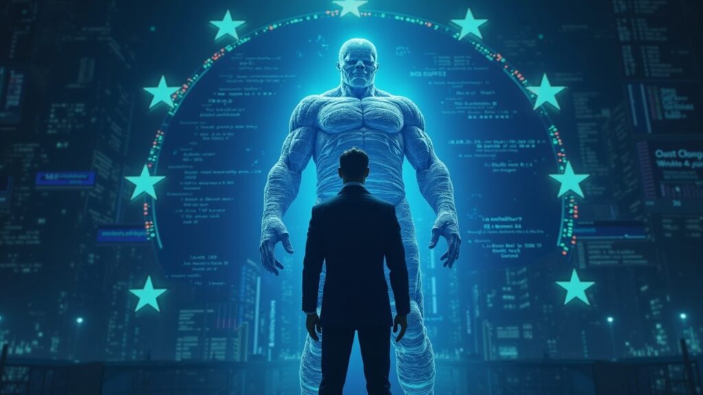 Crypto reporter in front of an imposing figure of ESMA in a news room, with the EU flag and blockchain symbols