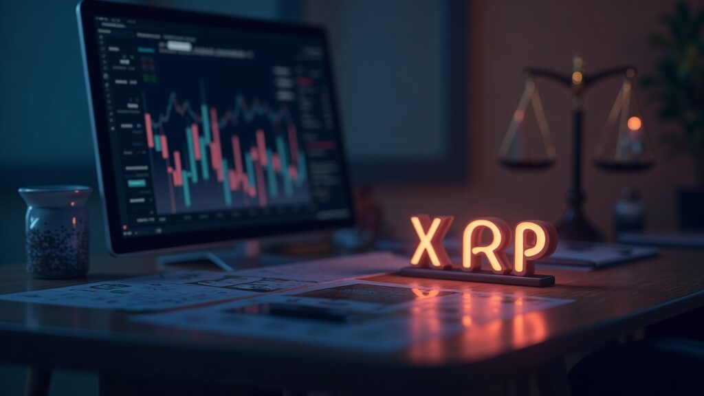 Newsroom scene with icons of Solana and XRP, price charts, and a regulatory scale.