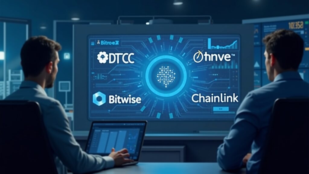 Bitwise registers Chainlink spot ETF (CLNK) with DTCC News scene with a holographic panel of DTCC, Bitwise and Chainlink, while a trader evaluates a crypto ETF.