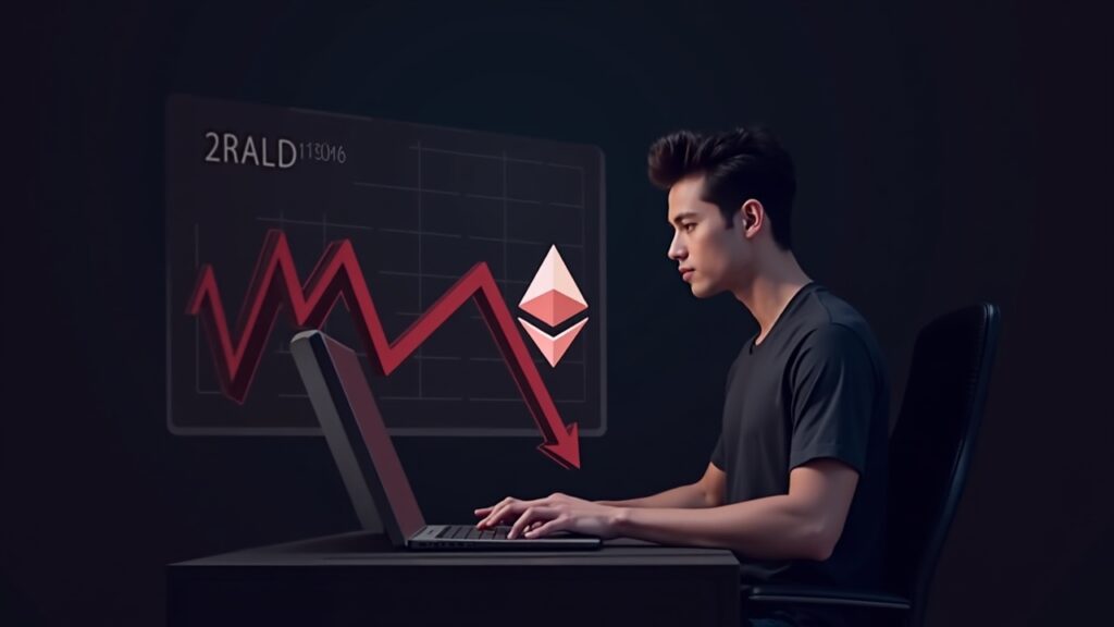 Ethereum Drops 3.8% as Holders Sell, But Key $3,649 Support Emerges Investor in front of a sleek terminal, ETH logo over a descending red chart, indicating holders' selling and volatility.