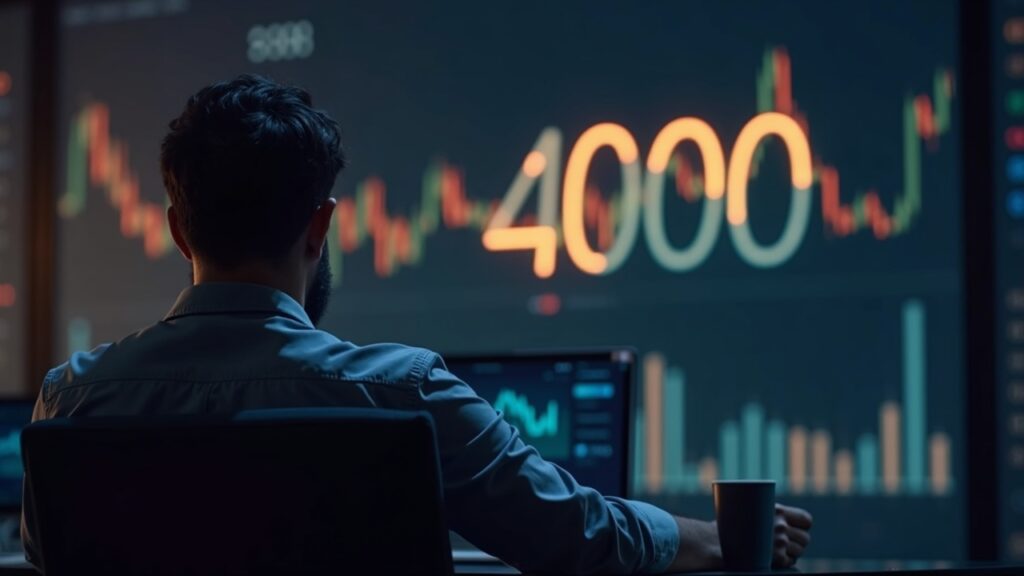 Photorealistic trader watches ETH above 4000, with ETF icons in the background, reflecting decentralization.