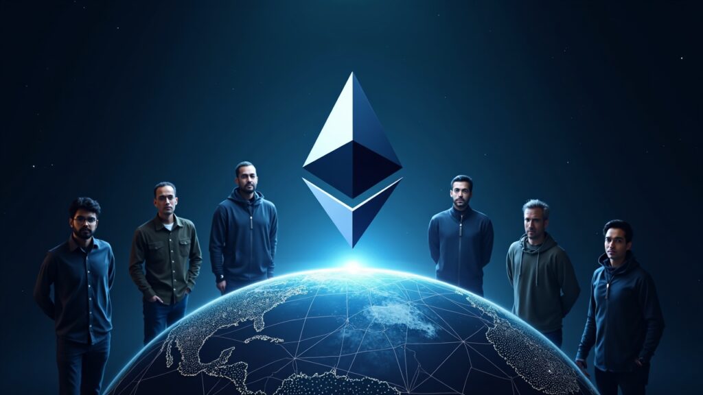 Ethereum logo in the center, surrounded by developers, blockchain shield protects a globe against regulations.