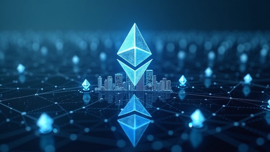 Central Ethereum logo over a skyline of European banks, with token holograms and network lines suggesting Layer 2.