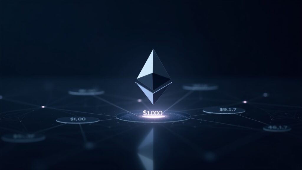 Ethereum near $3,000: on-chain zone suggests possible rebound Ethereum logo over a digital chart highlighting $3,000, with blockchain nodes and silhouettes of whales