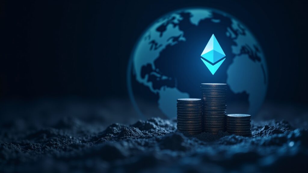 Realistic header with the Ethereum logo at the center, rising tokenized asset bars and a digital globe in the background.