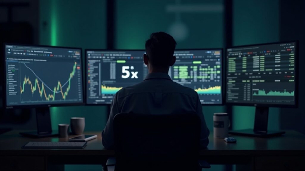 Trader at a modern desk with crypto screens, an upward ticker and the eToro logo, symbolizing the buyback.
