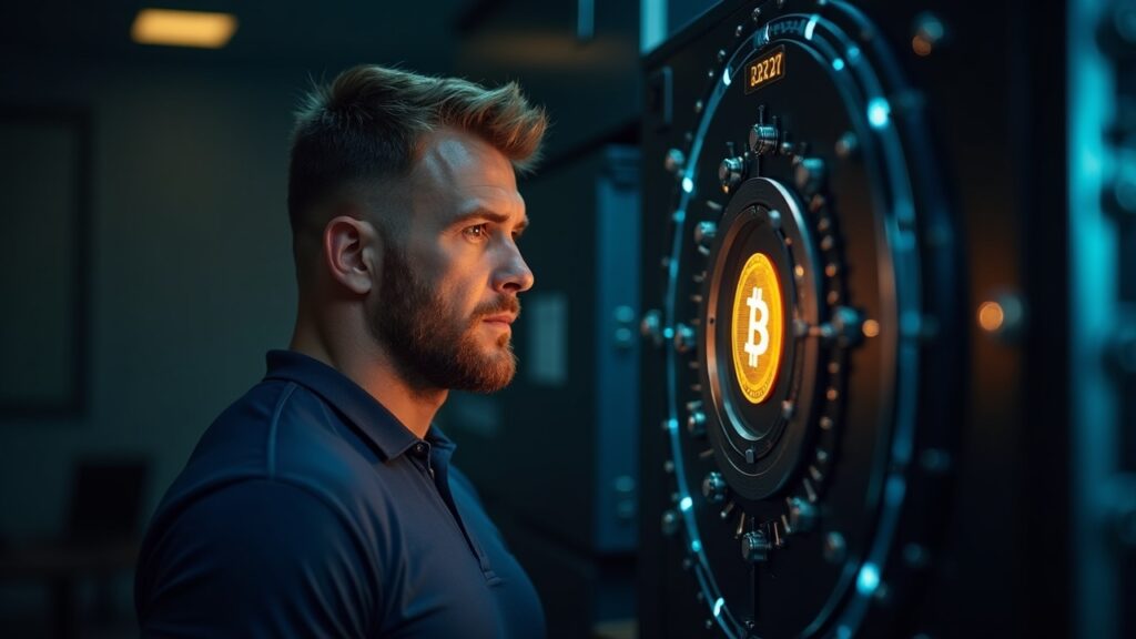 Realistic portrait of a former rugby player in front of a glowing crypto custody vault and digital ledger, news-style.