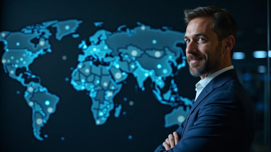 Exodus acquires W3C Corp for 175 million backing it with its Bitcoin reserves Executive in front of a holographic map of on-chain payments with Bitcoin reserves powering crypto-fiat.