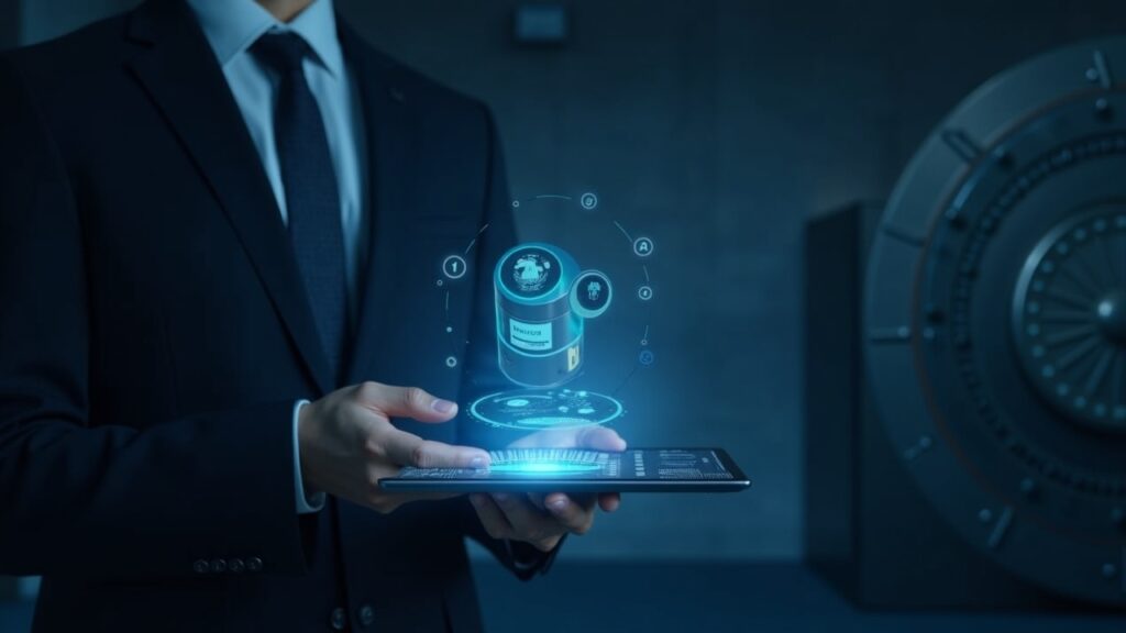 FDIC Considers Extending Deposit Insurance to Bank Tokens Professional scene: regulator presents holographic tokenized deposit in a digital ledger, with vault and FDIC emblem.