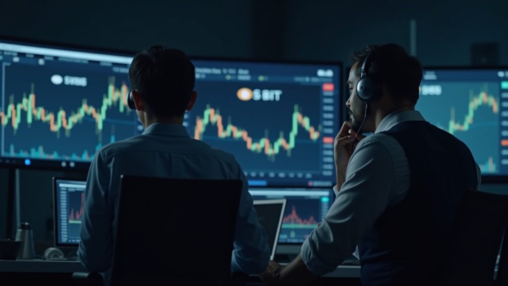 BlackRock ETF investors return to profits as Bitcoin recovers above $90,000 Financial analyst in a trading room in front of screens showing Bitcoin above 90k, IBIT chart and BlackRock branding.