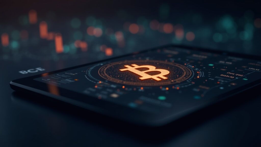 Galaxy cuts 2025 Bitcoin price target and frames BTC in a ‘maturity era’ Bitcoin symbol on a tablet, downward price arrow and galactic motif in a composition, signaling maturity.
