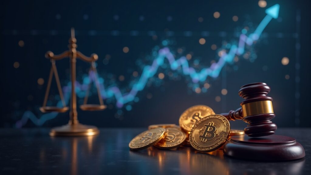 crypto news header with downward meme chart, legal gavel and glowing decentralized network
