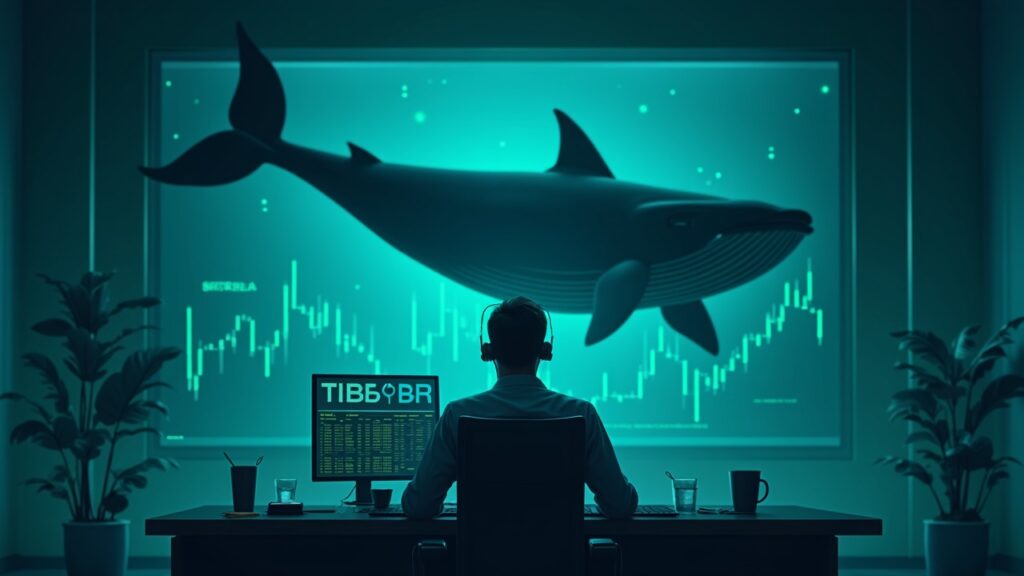Realistic crypto header: HBAR logo, trader in front of a glass desk and whale over the order book, depth chart.