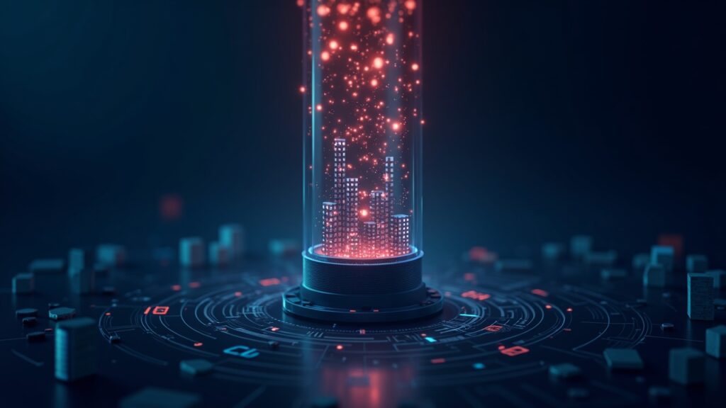 Realistic journalistic header: central data pillar with bright rising blocks, Filecoin label, against a crypto background
