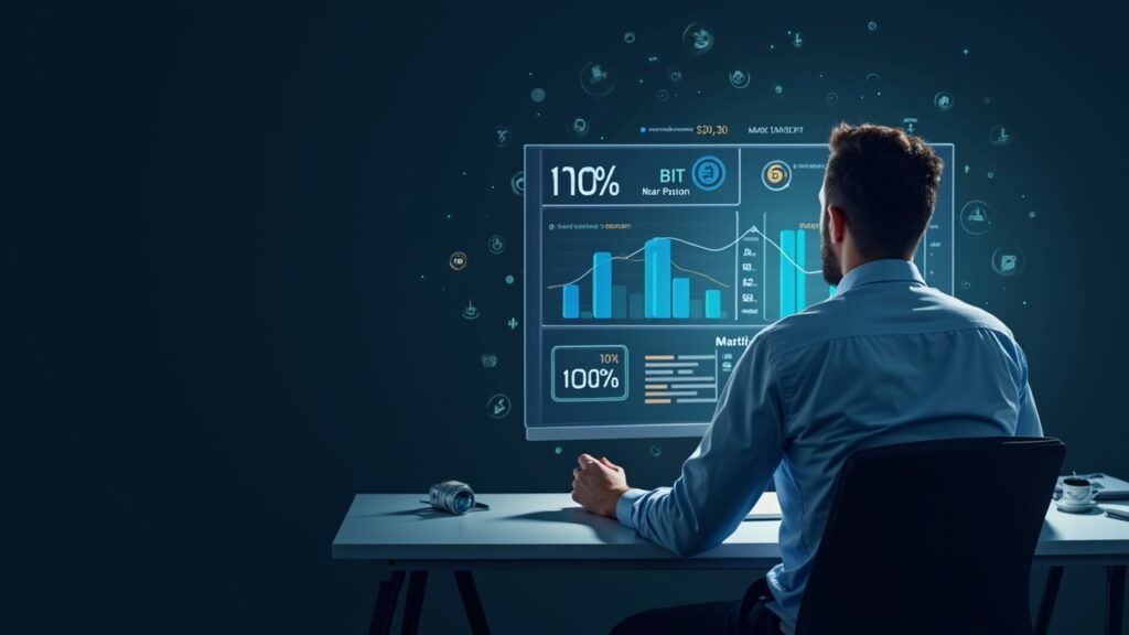 Hedge funds raise crypto exposure to 55% following Trump-era regulatory push Hedge fund manager reviews a holographic crypto dashboard showing Bitcoin reserves, stablecoins rules, and IBIT emblem.