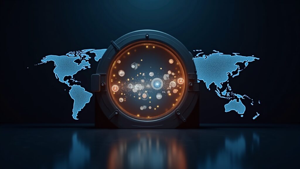 Modern bank vault with holographic tokens and blockchain, tokenized deposits and 24/7 transfers U.S. and UAE.